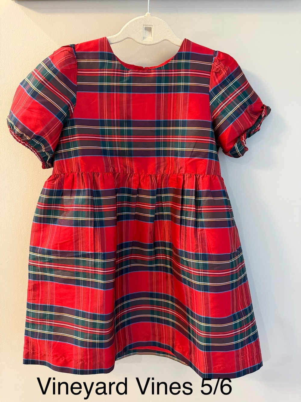 Vineyard Vines Red Green Plaid Puff Sleeve Dress